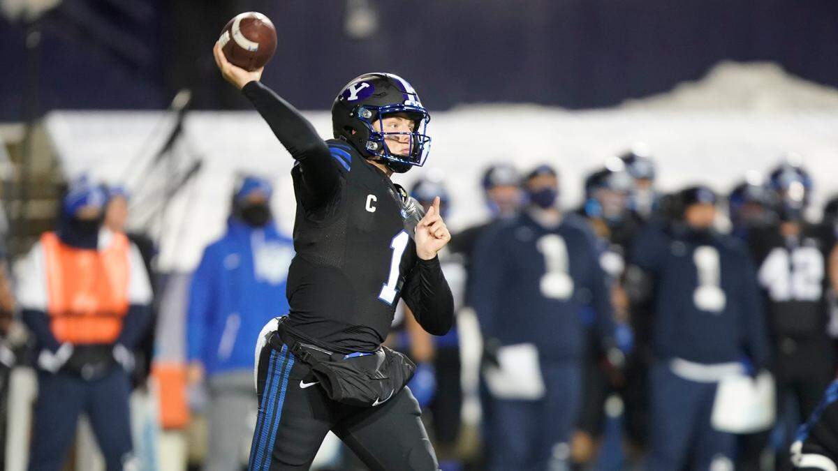 BYU quarterback Zach Wilson (1) looks to pass the ball in the first half, of an NCAA college football game against San Diego State Saturday, Dec. 12, 2020, in Provo, Utah. (AP Photo/George Frey)