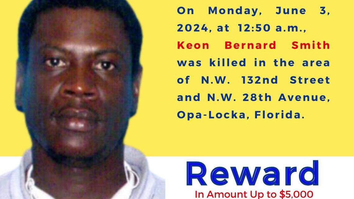 Miami-Dade Crime Stoppers issued a poster offering an reward of up to $5,000 to anyone with information that leads to the arrest of the person or people who fatally shot Keon Smith Monday morning, June 3, 2024, in Opa-Locka.