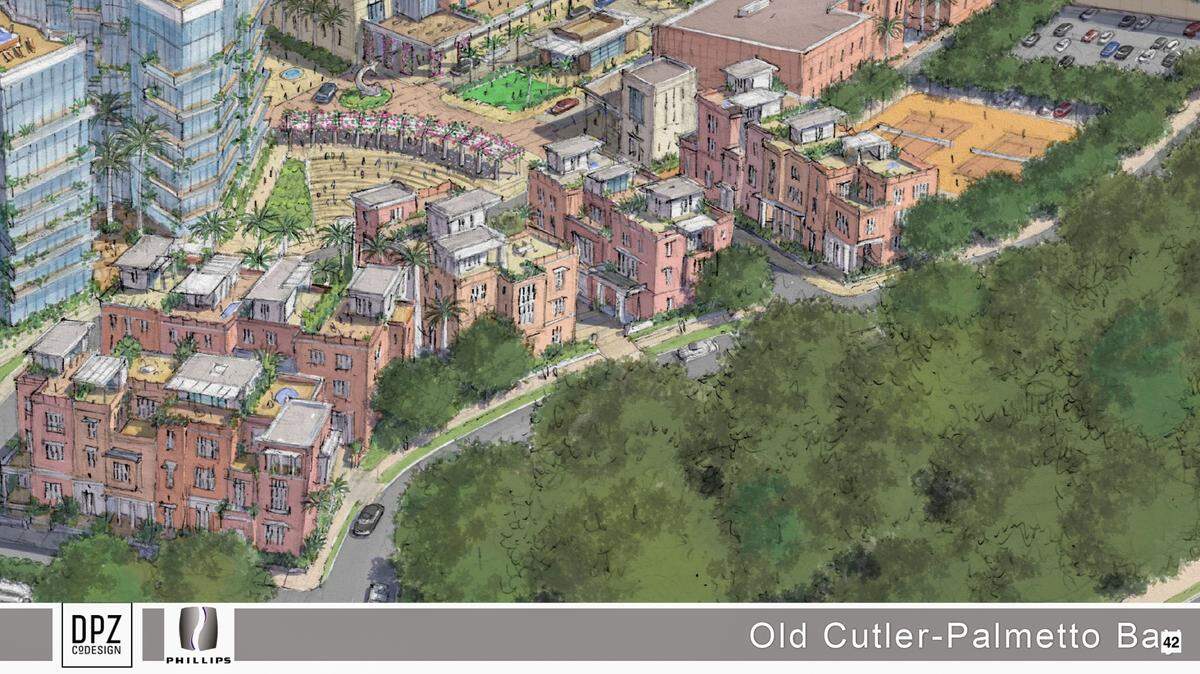 An architectural drawing shows how the Palmetto Bay Village Center campus might look once it undergoes a planned conversion into a village of townhomes, apartments, retail and office spaces. The project would reuse the center’s original buildings, built as Burger King’s corporate headquarters in the 1980s.