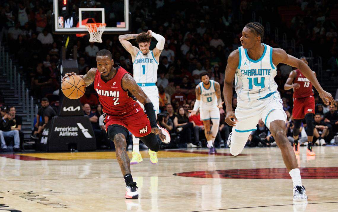 Miami Heat guard Terry Rozier (2) gets to ball that seemed to be intended for Charlotte Hornets forward Moussa Diabate (14) during the first half of a game on Monday, March 10, 2025, at the Kaseya Center in downtown Miami, Fla.  On Thursday, Oct. 23, 2025, Rozier was charged in a sports betting scheme in a federal indictment in New York.