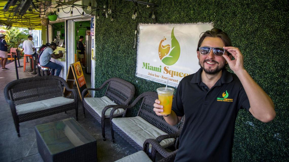 Warren Amar, owner of Miami Squeeze, stands outside of his juice bar at 18315 W. Dixie Highway in North Miami.