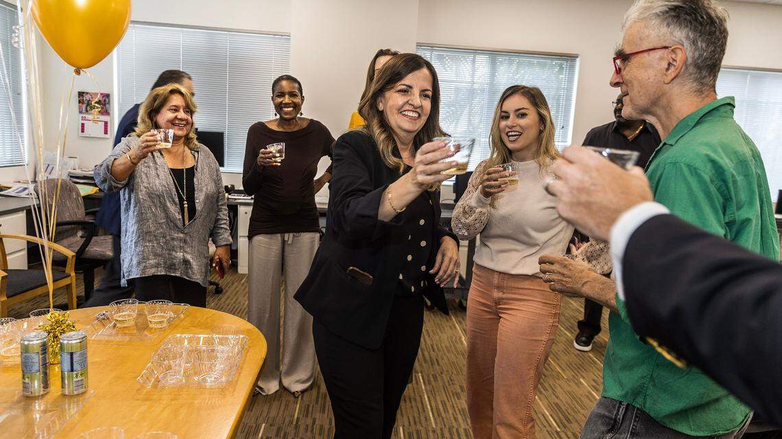 Miami Herald editorial board members celebrate winning the Pulitzer Prize for Deputy Editorial Page Editor Amy Driscoll’s “Broken Promises,” a five-part series focusing on politicians and developers vowing, but failing, to build parks, revive historic neighborhoods and boost transportation, in South Florida’s communities. From left: Luisa Yanez, Nancy Acrum, Driscoll and Lauren Costantino on May 8, 2023.