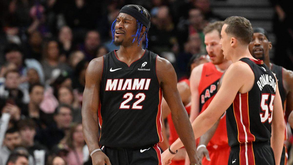 Miami Heat forward Jimmy Butler (22) reacts to an officiating call in the first half against the Toronto Raptors at Scotiabank Arena.