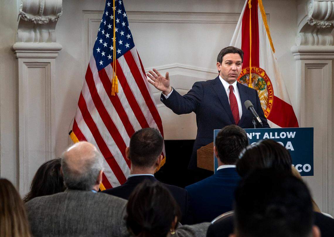 In this file photo from Feb. 2, 2024, Florida Governor Ron DeSantis speaks during an event at the Rum Room in Miami Beach.
