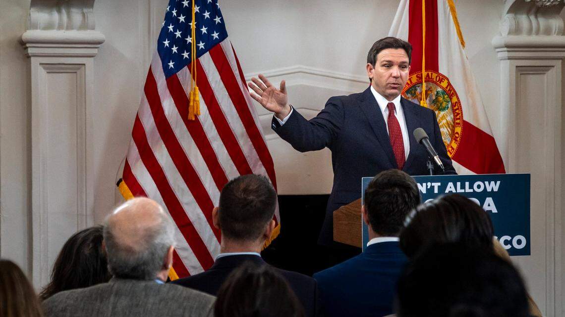 Miami, Beach, Florida, February 2, 2024- Florida Governor Ron DeSantis speaks during an event at the Rum Room in Miami Beach.