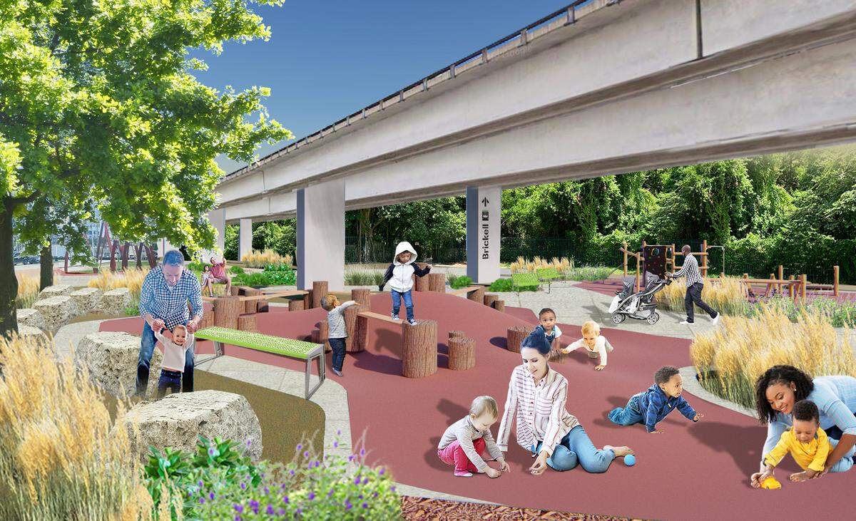 Una representación arquitectónica muestra un parque infantil que se construirá como parte de la segunda fase de The Underline junto al Simpson Park de Miami. Las obras de construcción del parque lineal y el sendero de 2.14 millas se están iniciando, y se extenderán a lo largo de 10 millas por debajo de las vías elevadas del Metrorail, desde el río Miami en Brickell hasta la estación de Dadeland South.