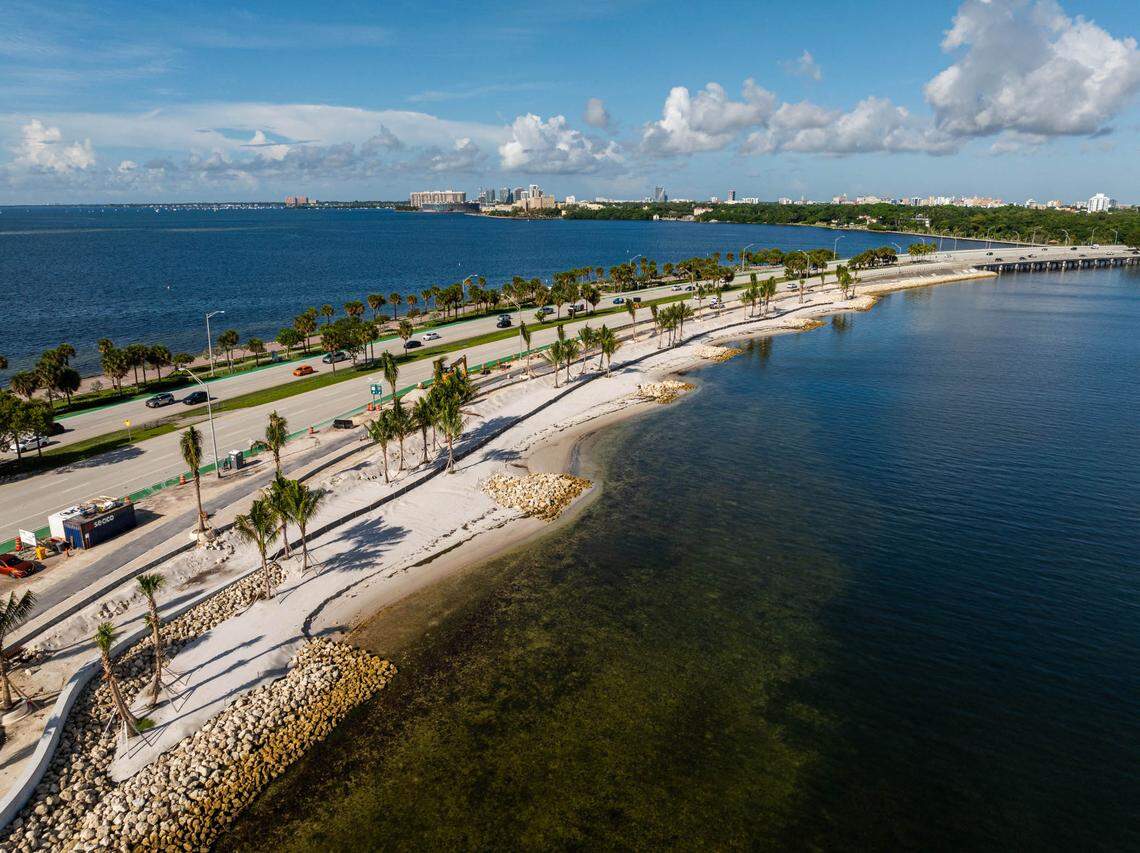 The undulating, newly restored park at North Hobie Island Beach on Miami’s Rickenbacker Causeway as seen from above as the project neared completion in October of 2024.