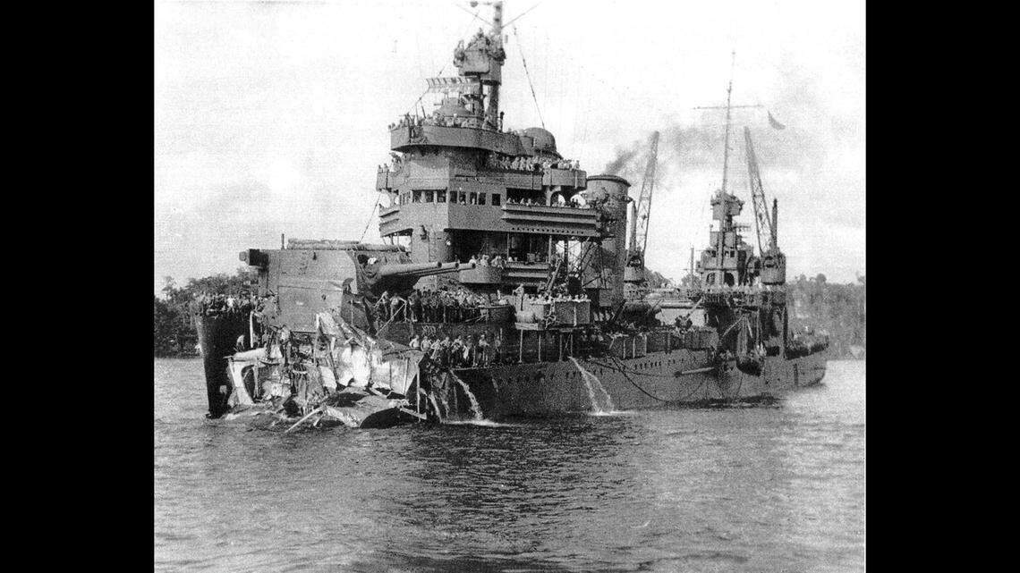 The bow of the USS New Orleans was blown off by a Japanese torpedo. Crew members stayed at their posts and the ship was able to “sail backward to the United States for permanent repairs,” historians say.