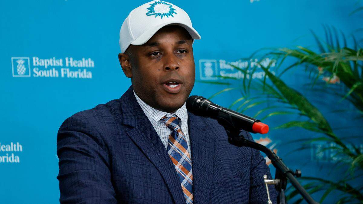 Miami Dolphins general manager Chris Grier speaks during the New Dolphins head coach Mike McDaniel introductory press conference at Baptist Health Training Complex in Hard Rock Stadium on Thursday, February 10, 2022 in Miami Gardens, Florida.