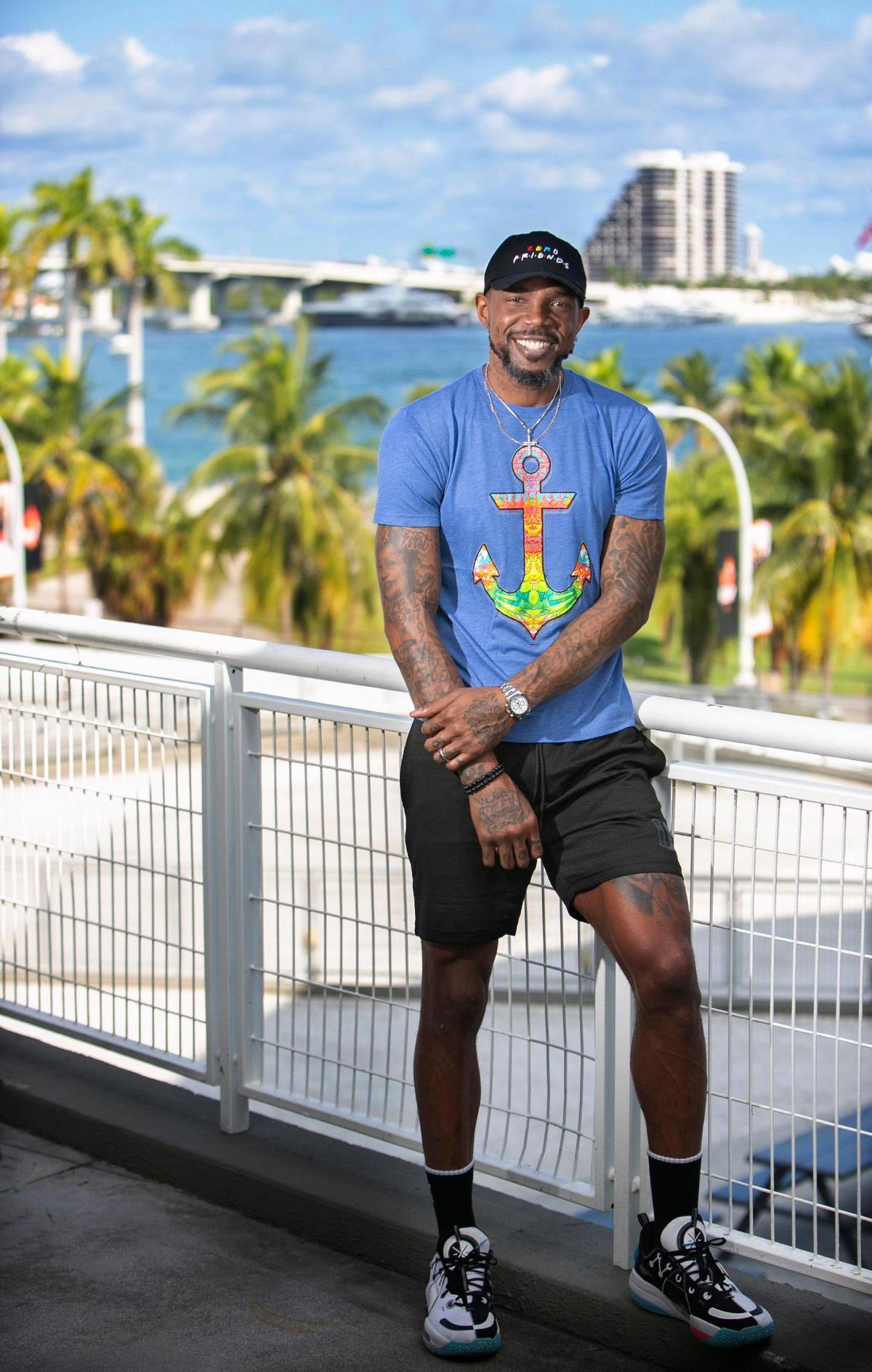 Udonis Haslem at the FTX Arena following practice with the Miami Heat Friday afternoon, December 10, 2021. Haslem wears a tshirt with an anchor on it, which is meaningful to him as the team refers to him as their ‘anchor.’ He also has a tattoo of an anchor on his neck.