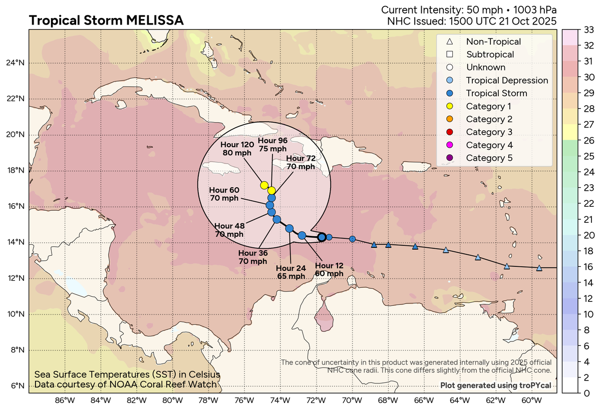 Tropical Storm Melissa is on track to strengthen into a Category 1 hurricane as soon as Saturday.