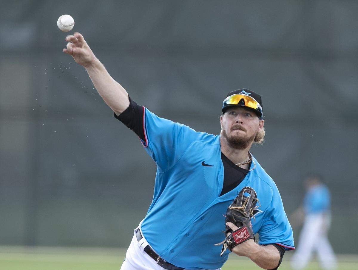 Miami Marlins right hand pitcher Ryne Stanek (55) pitches during Miami Marlins spring training at the Roger Dean Chevrolet Stadium in Jupiter on Wednesday, February 19, 2020.