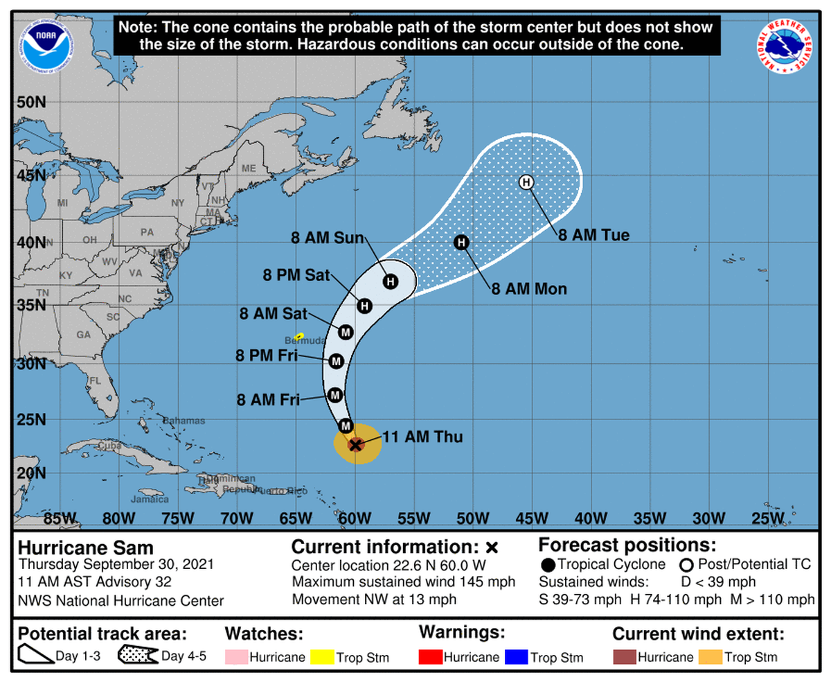 Hurricane Sam, a powerful Category 4 with 145 mph winds, is still chugging through the Atlantic. Although the storm will pass far from Bermuda, its powerful wind field triggered a tropical storm watch for the island.