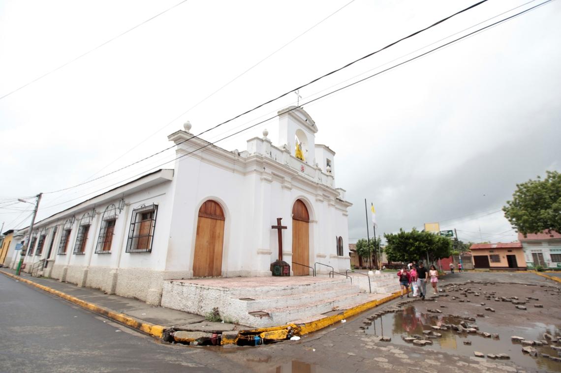 The facade of San Miguel church in Masaya on June 6, 2018. Over the weekend, the church was surrounded by riot police and pro-government gangs during clashes with protesters.