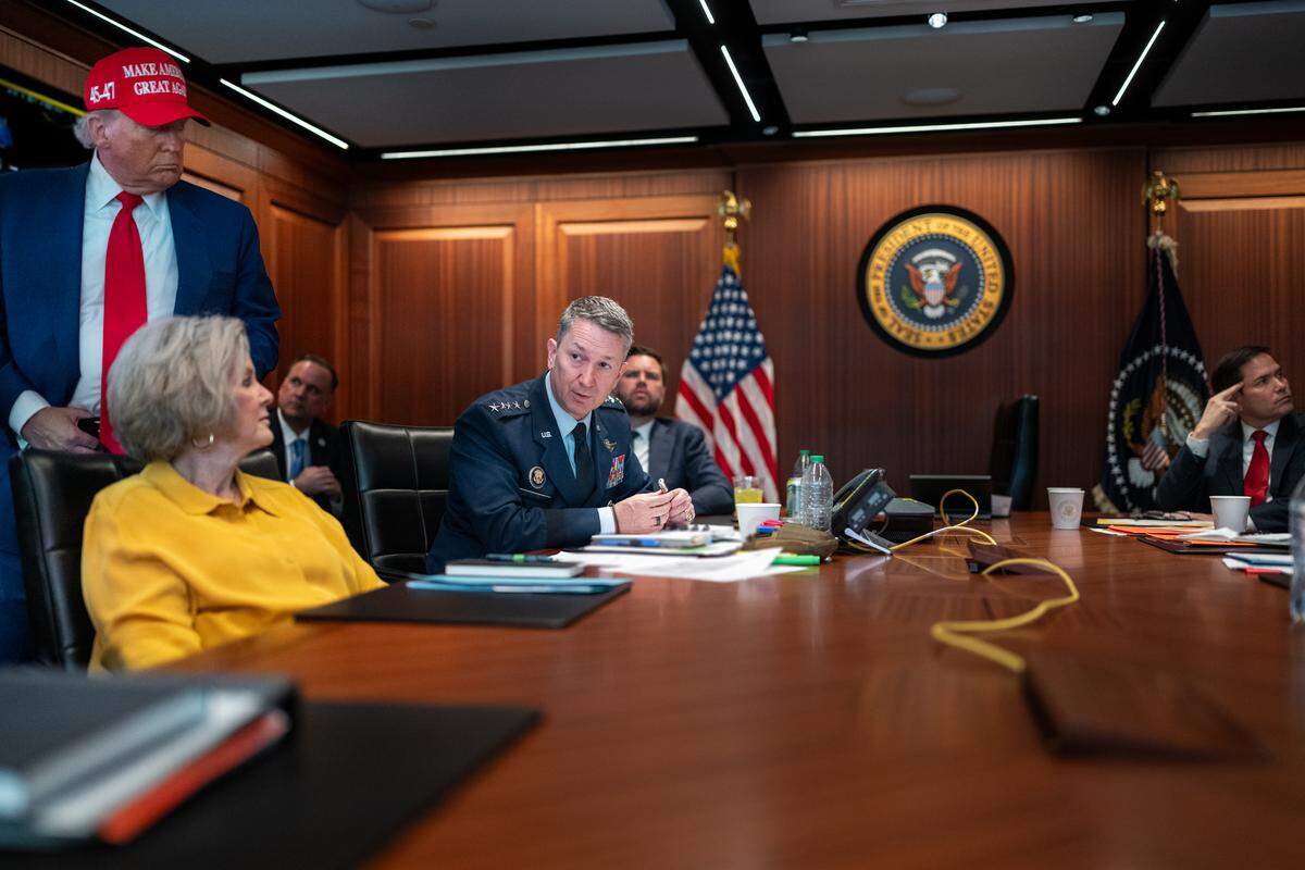 President Donald Trump, Chief of Staff Susie Wiles, Chairman of the Joint Chiefs of Staff Dan Caine, Vice President JD Vance, and Secretary of State Marco Rubio meet in the Situation Room of the White House, Saturday, June 21, 2025. Portions of this photo have been blurred for security purposes. (Official White House Photo by Daniel Torok)