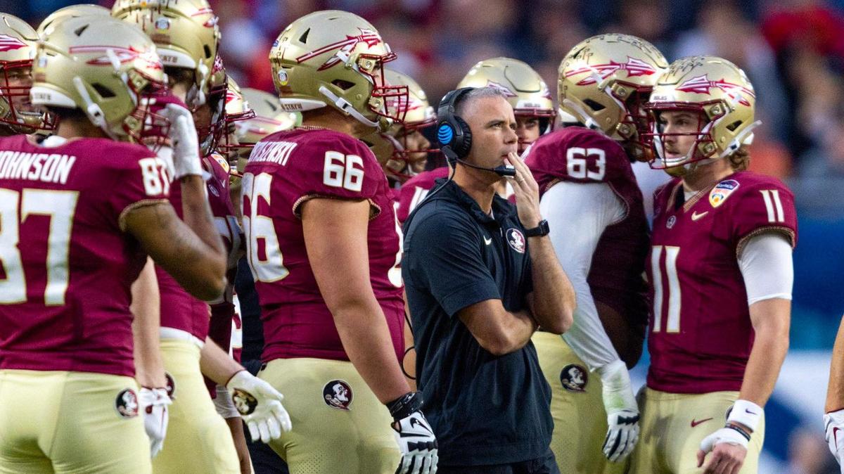 Florida State Seminoles head coach Mike Norvell reacts during the first half of the 90th annual Capital One Orange Bowl at Hard Rock Stadium on Saturday, Dec. 30, 2023 in Miami Gardens, Fla.