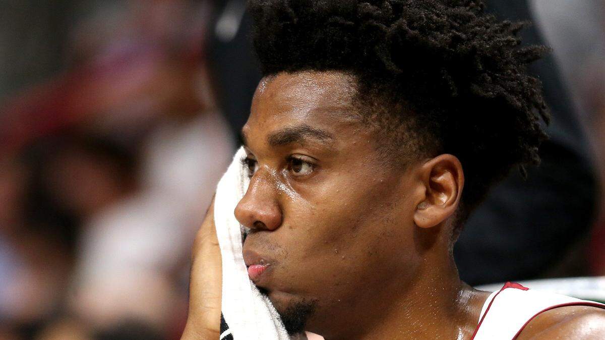 Miami Heat Hassan Whiteside watches as the Heat fail to beat Boston Celtics in the final minutes of the fourth quarter at the AmericanAirlines Arena in Miami, Florida, Wednesday, April, 3, 2019.