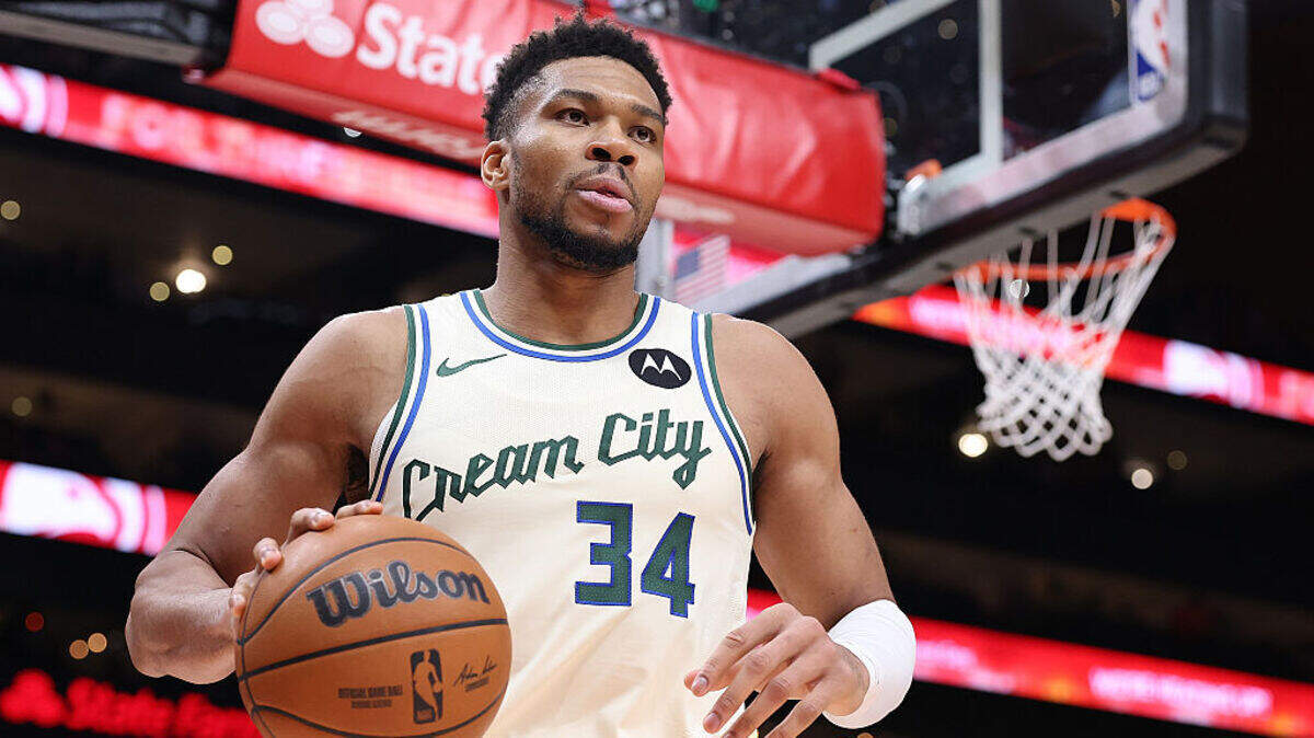 Giannis Antetokounmpo #34 of the Milwaukee Bucks reacts against the Atlanta Hawks during the fourth quarter at State Farm Arena on January 19, 2026 in Atlanta, Georgia.
