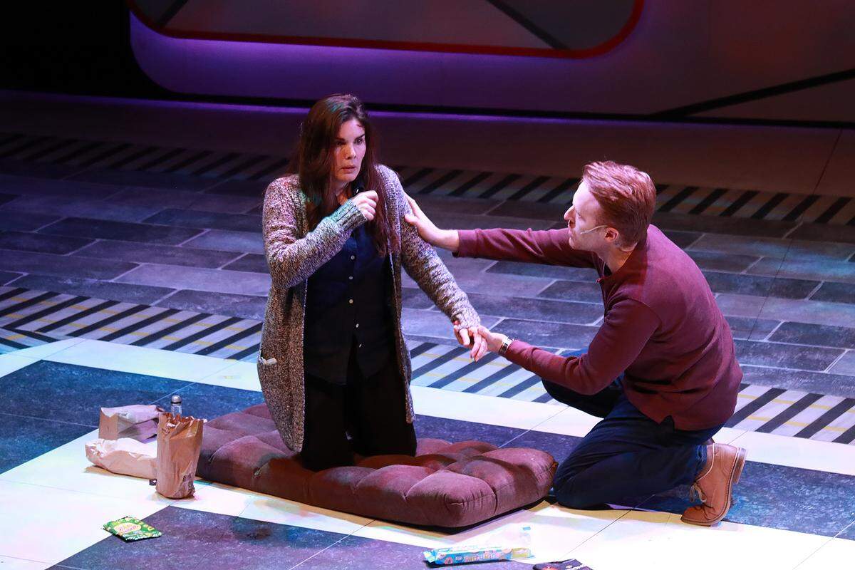 Gaby Tortoledo as Rachel Watson and Iain Batchelor as her ex-husband, Tom, in “The Girl On The Train” at Actors’ Playhouse at the Miracle Theatre.