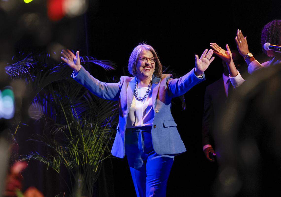 Miami-Dade Mayor Daniella Levine Cava reacts towards the audience after delivering her speech during the 2026 State of the County Address at Florida Memorial University in Miami Gardens, Florida on Wednesday, January 28, 2026.
