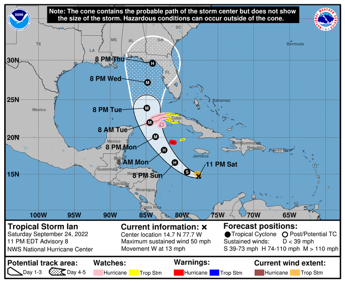 Tropical Storm Ian’s track continued to shift west on Saturday, edging most of southeast Florida out of the cone.