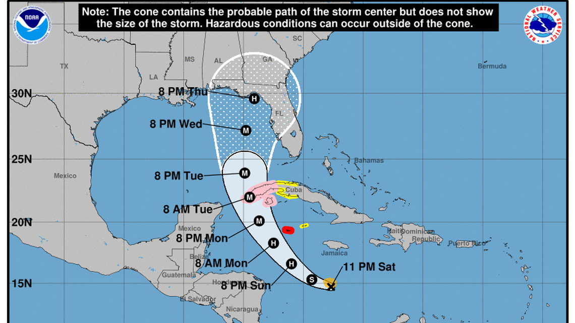 Tropical Storm Ian’s track continued to shift west on Saturday, edging most of southeast Florida out of the cone.