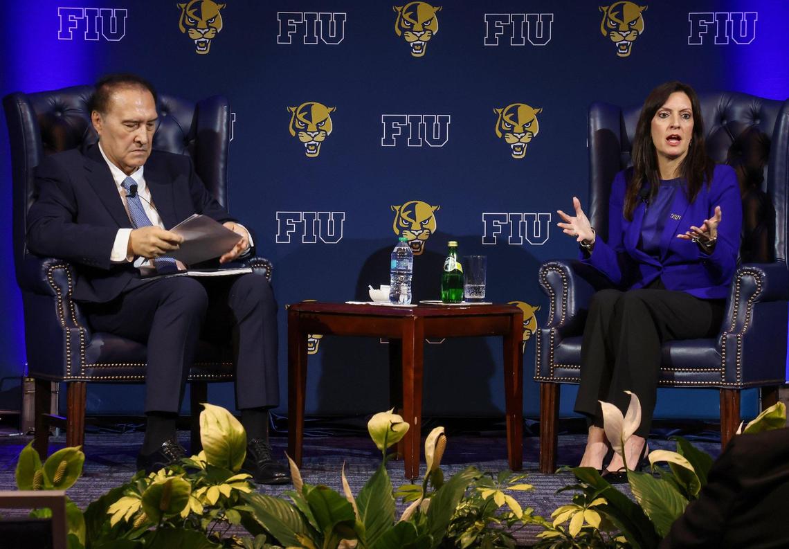 Search consultant R. William “Bill” Funk, left on stage, sits with interim President Jeanette Nuñez, right on stage, as she takes on questions during Presidential Candidate Community Session inside the Graham Center Ballroom at the Modesto A. Maidique Campus, Miami, Florida, on Tuesday, May 21, 2025.