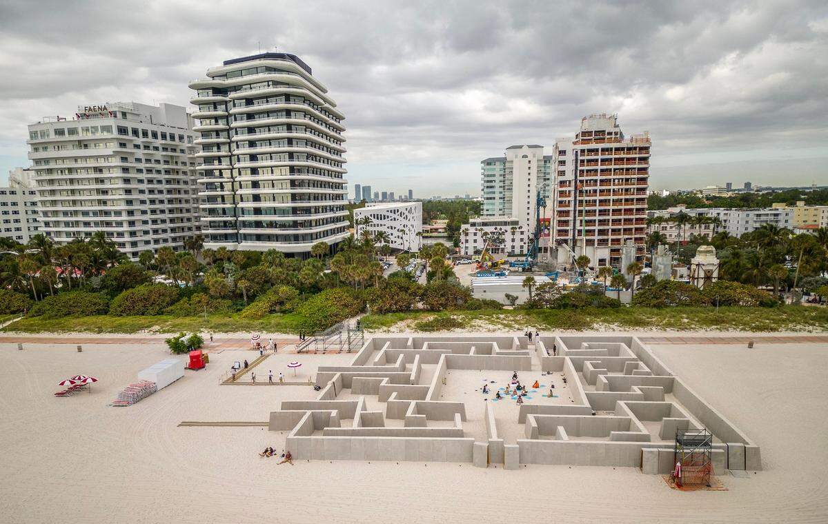 Aerial view of the large-scale installation “Maze: Journey Through the Algorithmic self” by Chilean artist Sebastian Errazuriz, on display on the sand behind the Faena Hotel in the Faena District in Miami Beach, as part of the Miami Art Week, from December 5th to 10th, on Thursday December 07, 2023.