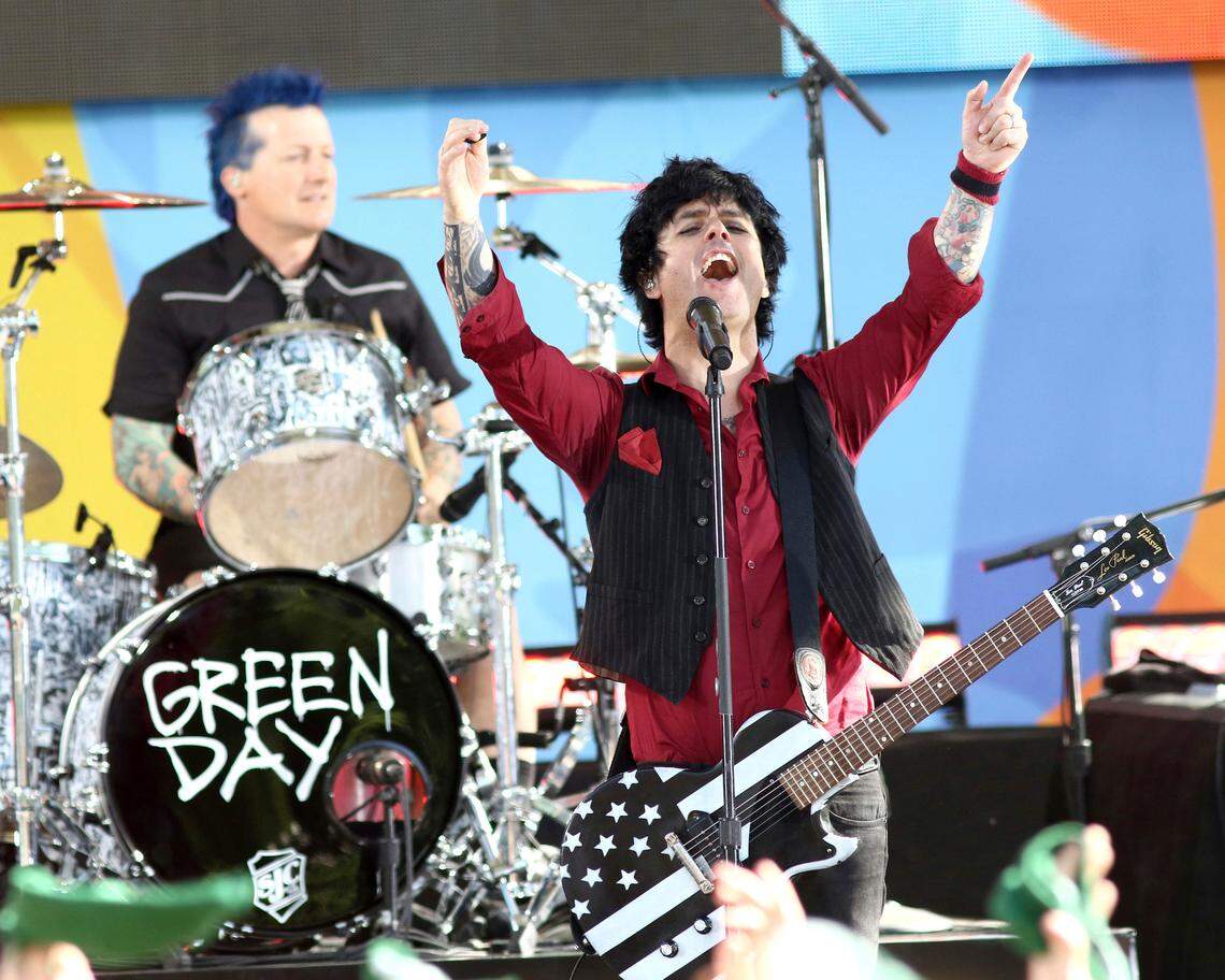 Billie Joe Armstrong, front, and Tre Cool of the band Green Day perform on ABC’s “Good Morning America” 2017 Summer Concert Series at Rumsey Playfield/SummerStage in Central Park on Friday, May 19, 2017.