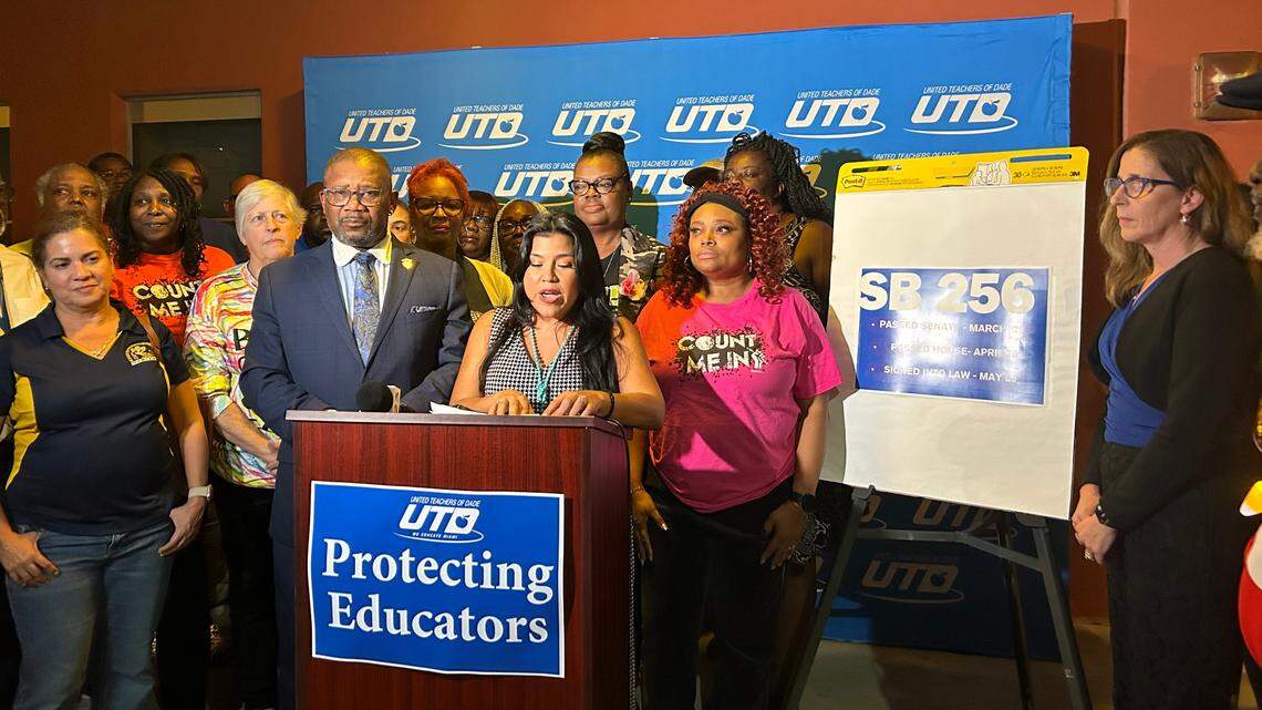 During a news conference on Thursday, Nov. 16, 2023, Karla Hernandez-Mats, president of United Teachers of Dade, discussed a new law requiring the union to show 60% membership. On Thursday, she said the union was just shy of that threshold.