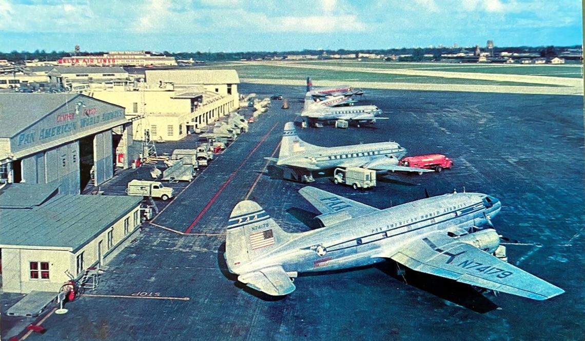 A vintage photo of the Pan American World Airways hangar at Miami International Airport in Miami, Florida.
