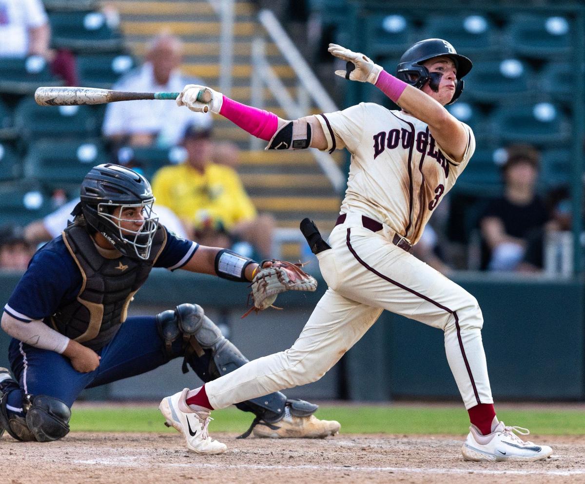 Marjory Stoneman Douglas pitcher Devin Fitz-Gerald (3) gets a hit during extra innings during the Class 7A state baseball championship game against Windermere at Hammond Stadium on Saturday, May 18, 2024, in Fort Myers, Fla.