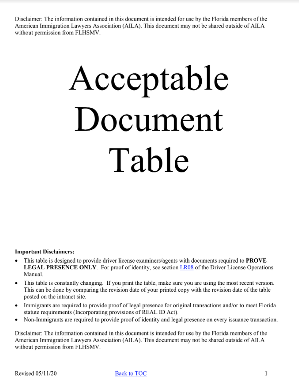 A copy of the Acceptable Documents Table provided to the American Immigration Lawyers Associates which says the documents cannot be shared.