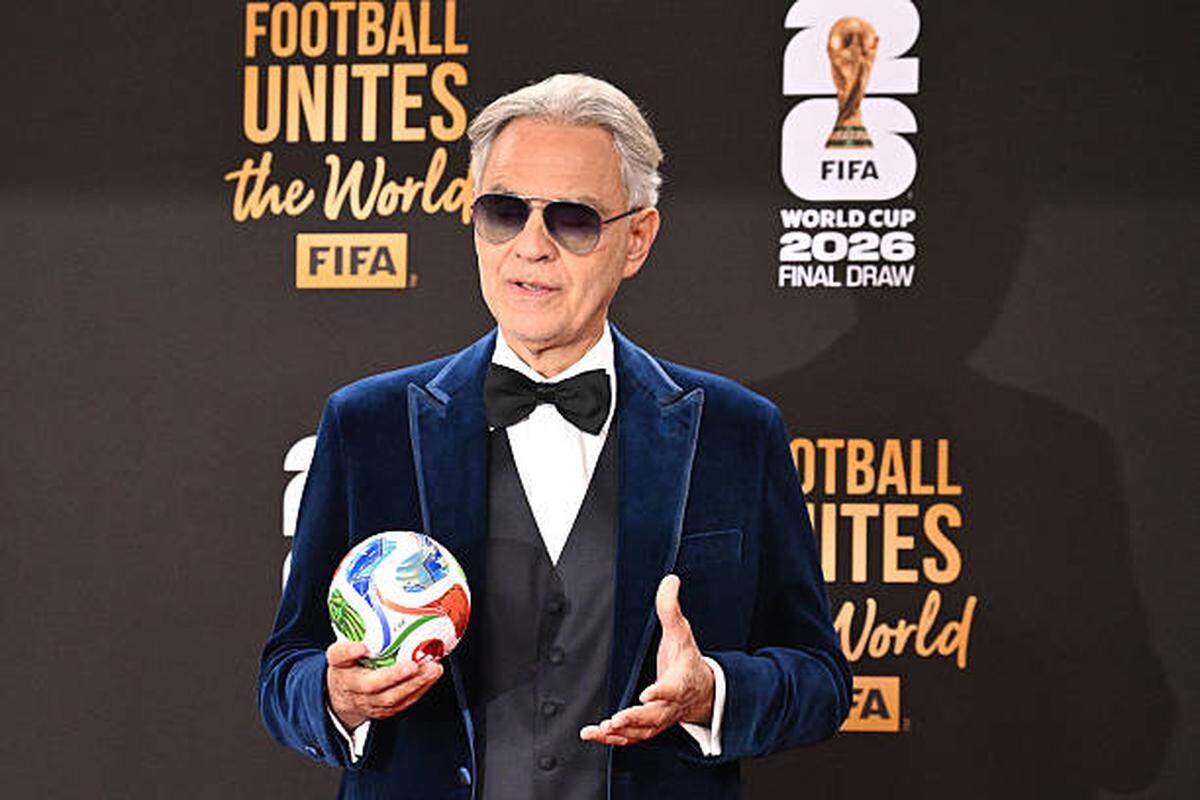 Italian Tenor Classical musician Andrea Bocelli poses on the red carpet upon arrival to attend the draw for the 2026 FIFA Football World Cup taking place in the US, Canada and Mexico, at the Kennedy Center, in Washington, DC, on December 5, 2025. (Photo by Roberto SCHMIDT / AFP via Getty Images)