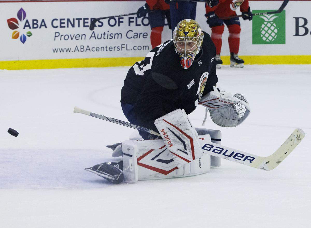 Goaltender Daniil Tarasov (40) watches the puck miss the net during the first practice of Florida Panthers training camp on Thursday, Sept. 18, 2025, at Baptist Health IcePlex in Fort Lauderdale, Fla. 
