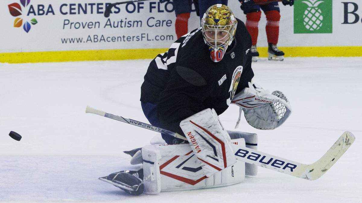 Goaltender Daniil Tarasov (40) watches the puck miss the net during the first practice of Florida Panthers training camp on Thursday, Sept. 18, 2025, at Baptist Health IcePlex in Fort Lauderdale, Fla. 