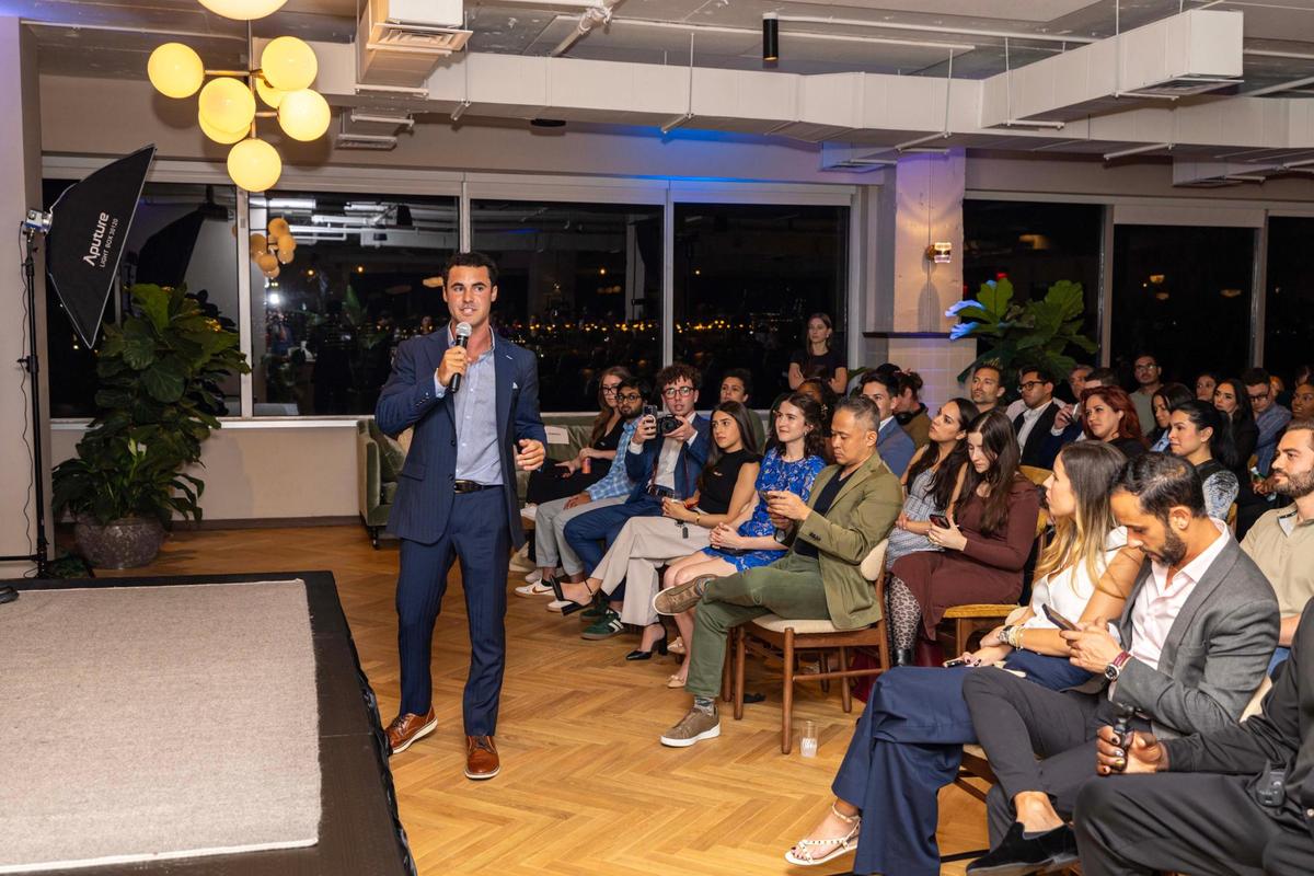 Founder of 3rd-i, Dillon Albend, speaks to the audience during “The Big Pitch Night” event at Mindspace Miami on Tuesday, Nov. 19, 2024, in Miami.