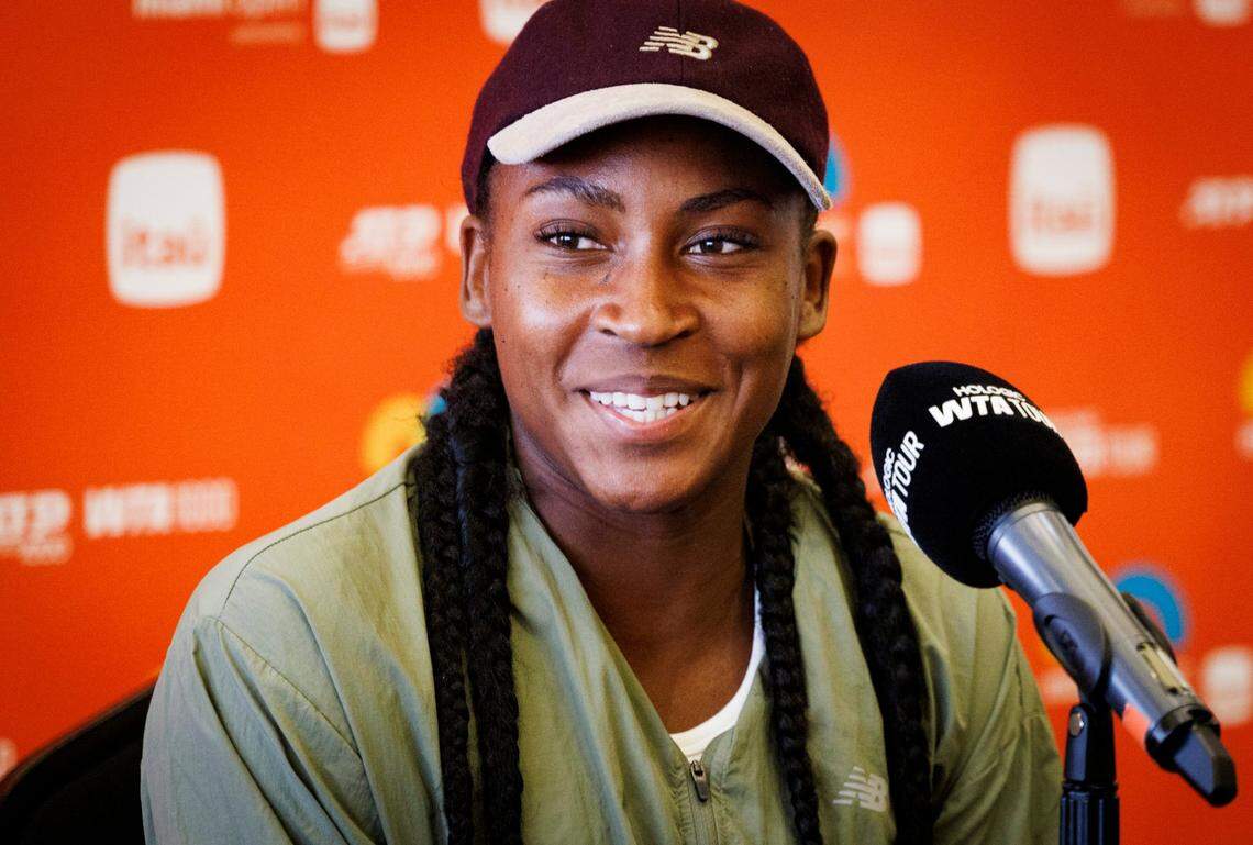 Coco Gauff, from Delray Beach, speaks to the press during an interview at the the Miami Open on Monday, March 17, 2025, at Hard Rock Stadium in Miami Gardens, Fla. 