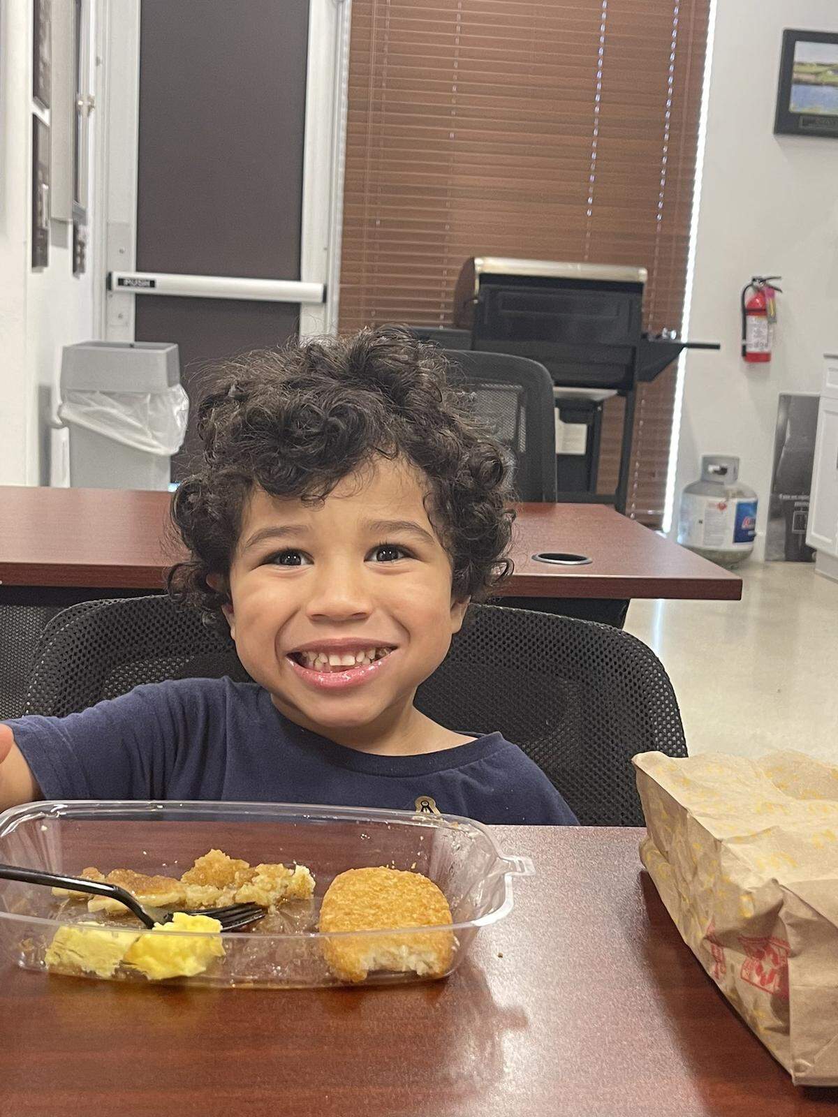 “Jayden” was given eggs and a hash brown at a Broward Sheriff’s Office station. His parents were found about 5 hours after he was found wandering near an intersection.