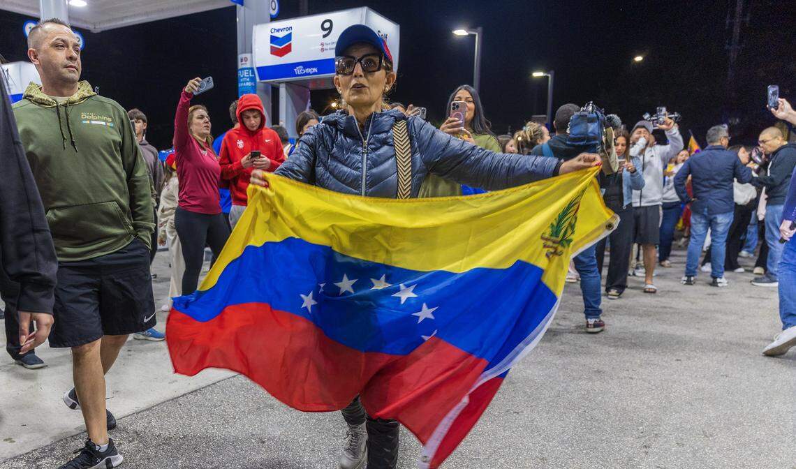 Arlette Sosa celebrates outside of El Arepazo in Doral after the United States attacked Venezuela and captured Venezuelan leader Nicolás Maduro on Jan. 3, 2026.