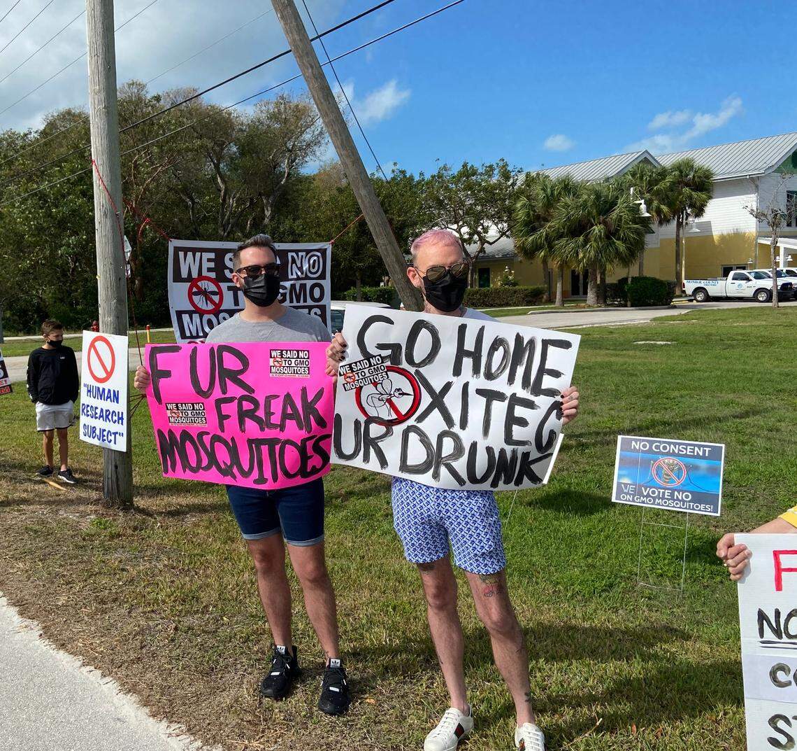Jessie Moreno and Robert Cartwright hold signs during a protest outside the Murray Nelson Government and Cultural Arts Center in Key Largo Sunday over a plan to release genetically modified mosquitoes in an effort to combat the Aedes aegypti species.