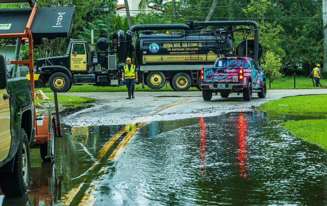 Crews of vacuum trucks are seen cleaning the drains in the area of Alton Road and La Gorce Drive in Miami Beach in the aftermath of the severe weather that affected South Florida this week, on Thursday, June 13, 2024.