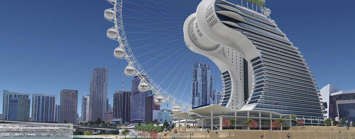 A rendering of engineer Haskel Meyer’s vision for a 550-foot observation wheel attached to a hotel and two museums on downtown Miami’s waterfront.