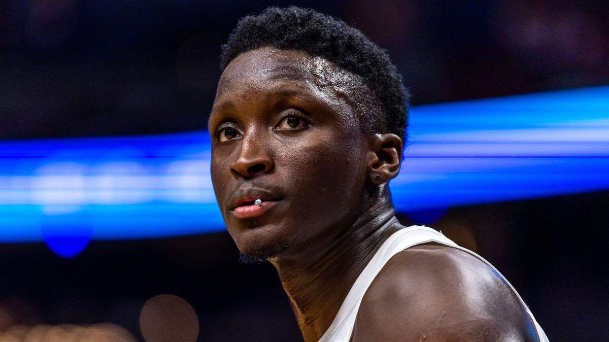Miami Heat guard Victor Oladipo (4) chews gum on the court during an NBA game at Miami-Dade Arena in Downtown Miami, Florida, on Wednesday, March 8, 2023.