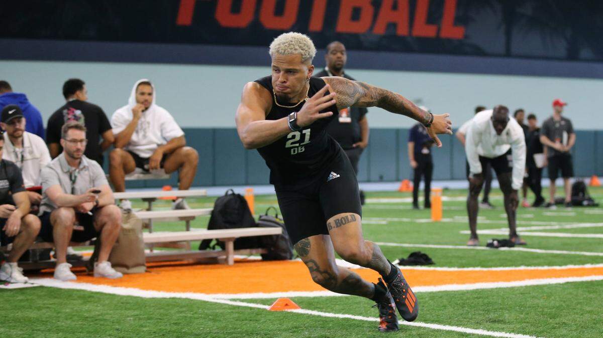 Former Miami Hurricanes safety, Bubba Bolden, performs for scouts at Pro Day at the University of Miamis Carol Soffer Indoor Practice Facility in Coral Gables on Wednesday, March 30, 2022, ahead of the 2022 NFL Draft.