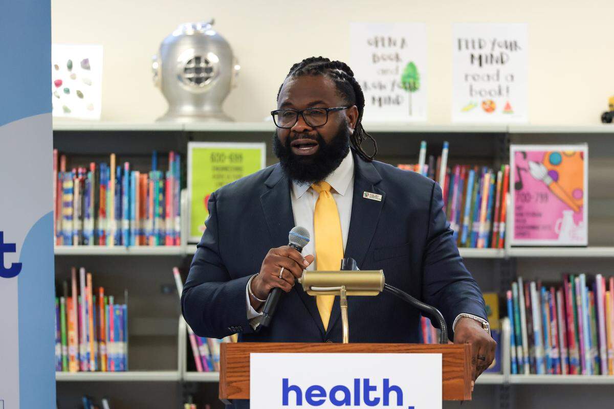 Ryan R. Hawkins, president and CEO of Jessie Trice Community Health System, speaks during a press conference at Spanish Lake Elementary School in Hialeah, Florida, Tuesday, Jan. 13, 2026, announcing an expansion of physical and behavioral health and wellness services for Miami-Dade County public school students through The Children’s Trust.  