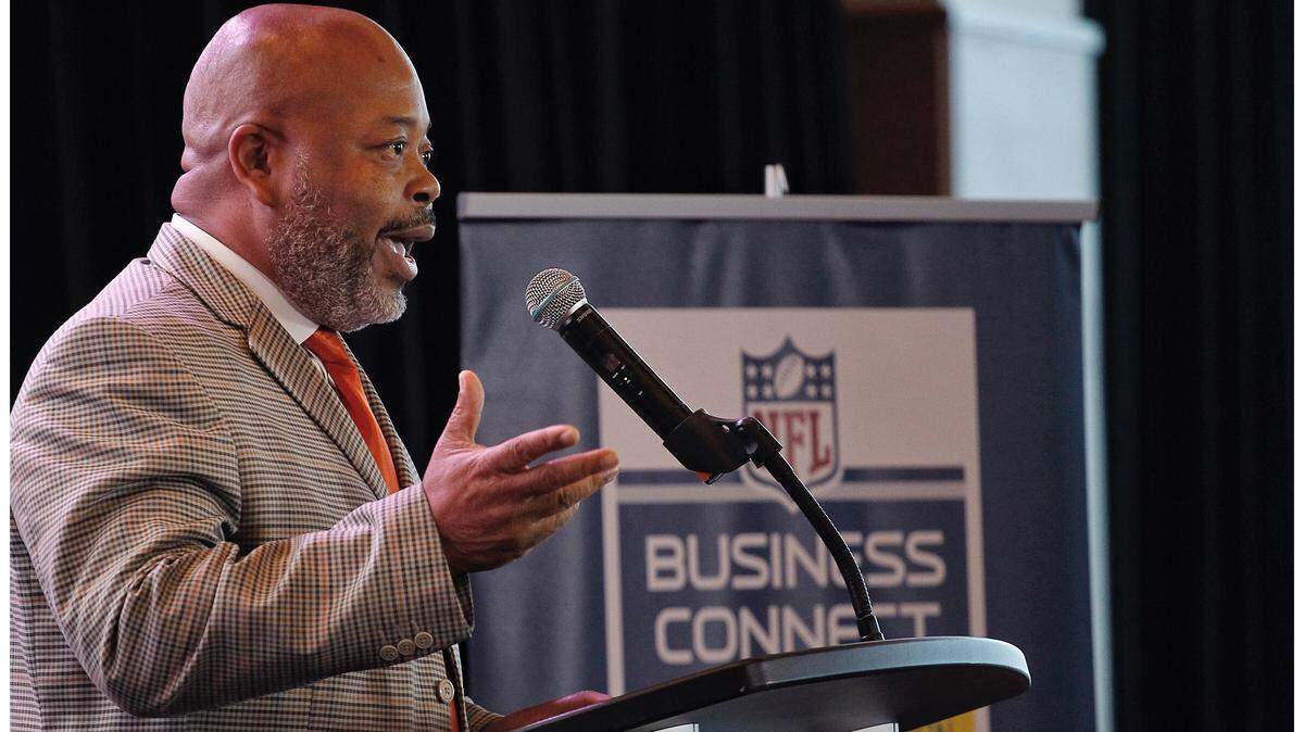 Darryl Holsendolph, keynote speaker, addresses business owners at the NFL Business Connect event, in partnership with the Miami Super Bowl Host Committee, during its diversity initiative in Miami Gardens, Florida, in November 2018. The event aims to help local minority-owned companies create business opportunities by competing for contracts related to Super Bowl LIV.