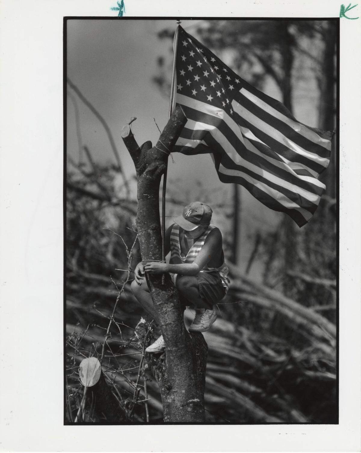 In this file photo from Sept. 4, 1992, after having cleared the tree debris from his front yard left behind by Hurricane Andrew a little over a week earlier, then-14-year-old Chris Schere erected his personal symbol of “hope” at his South Miami-Dade home high in a trimmed tree.