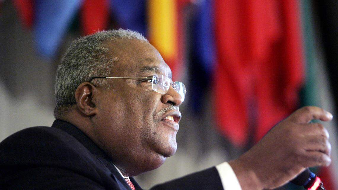 Interim Prime Minister of Haiti Gerard Latortue delivers remarks to the Organization of American States on Dec. 2, 2005, in Washington. Latortue died Monday, Feb. 27, 2023. AP Photo/Manuel Balce Ceneta
