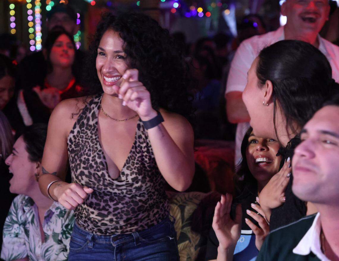 The crowd dances and sings to Bad Bunny music between commercial breaks of the Super Bowl.